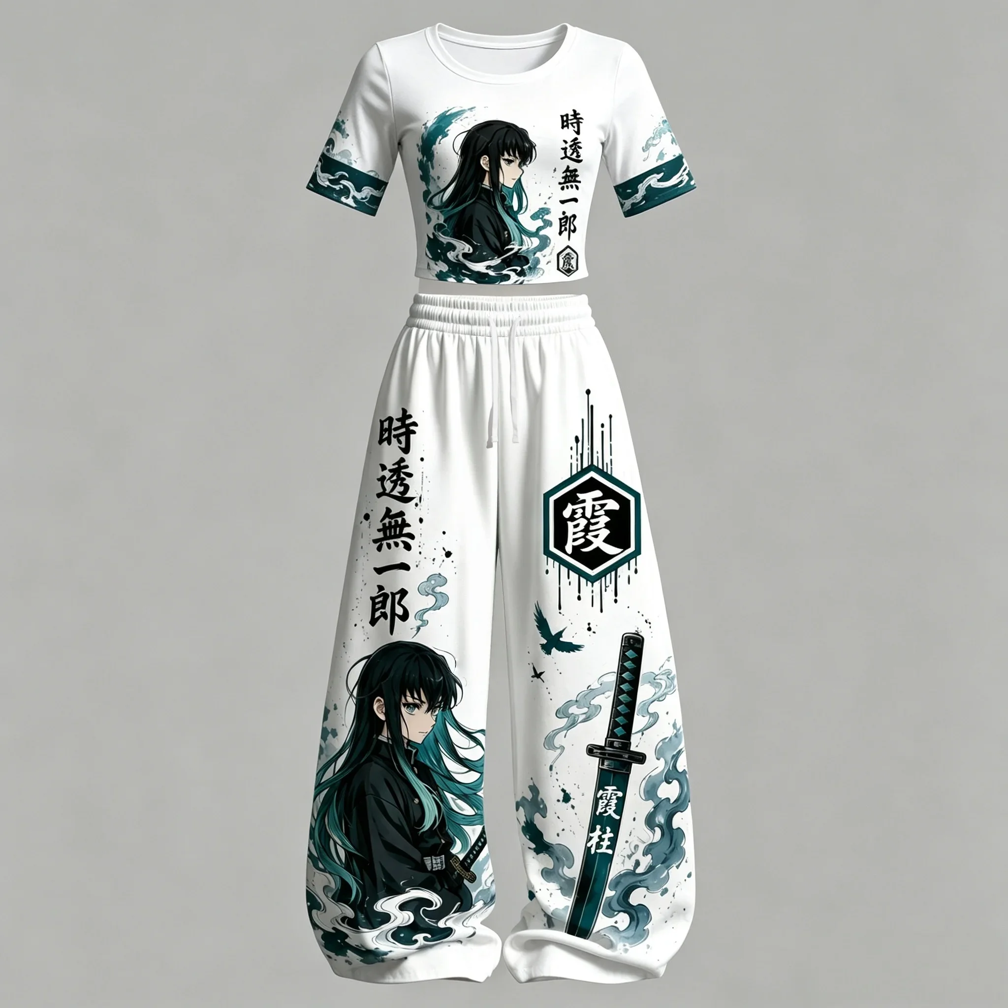 2026 Summer Universal Top Wide Leg Pants Set Demon Slayer Zenitsu Agatsuma Colorful Anime Print Two Piece Outfit Family Matching