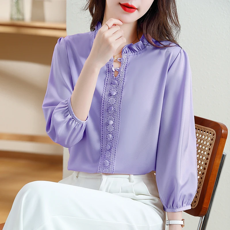 Women Clothing Loose Solid Elegant Chic Button Blouse Office Lady Casual Lace Chiffon Simple Fashion Shirt