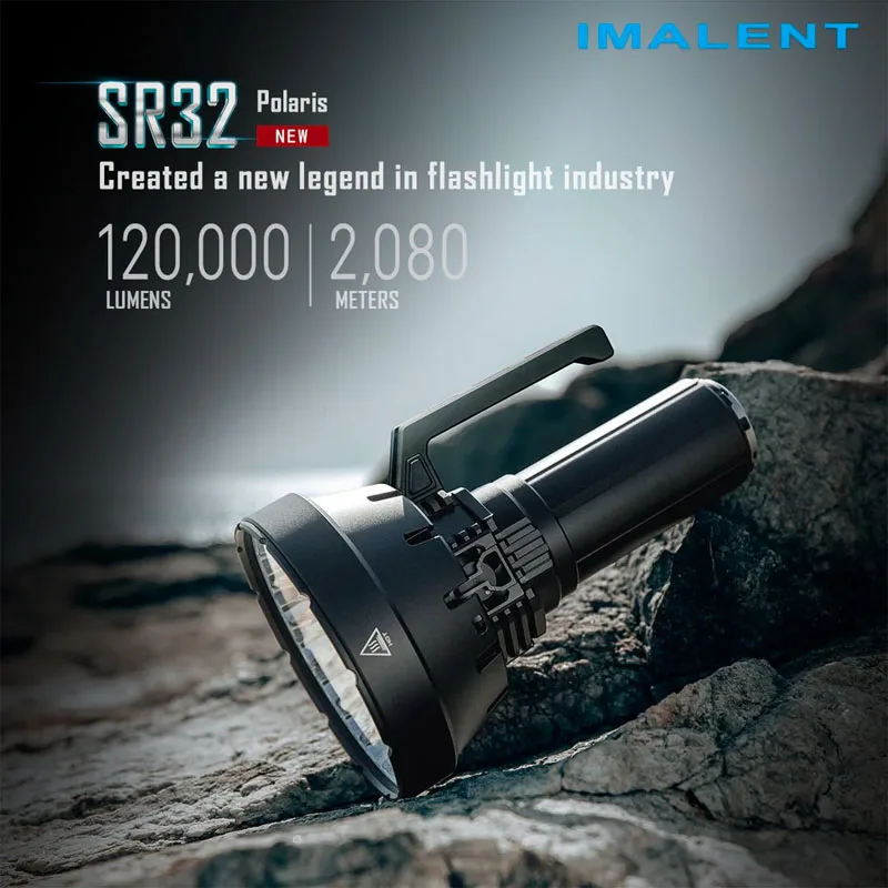 Imalent SR32 Ultra Bright Flashlight/Searching Light, 120,000 Lumens 2,080m Beam Distance, 32pcs XHP50.3 Hi LEDs, 8x21700