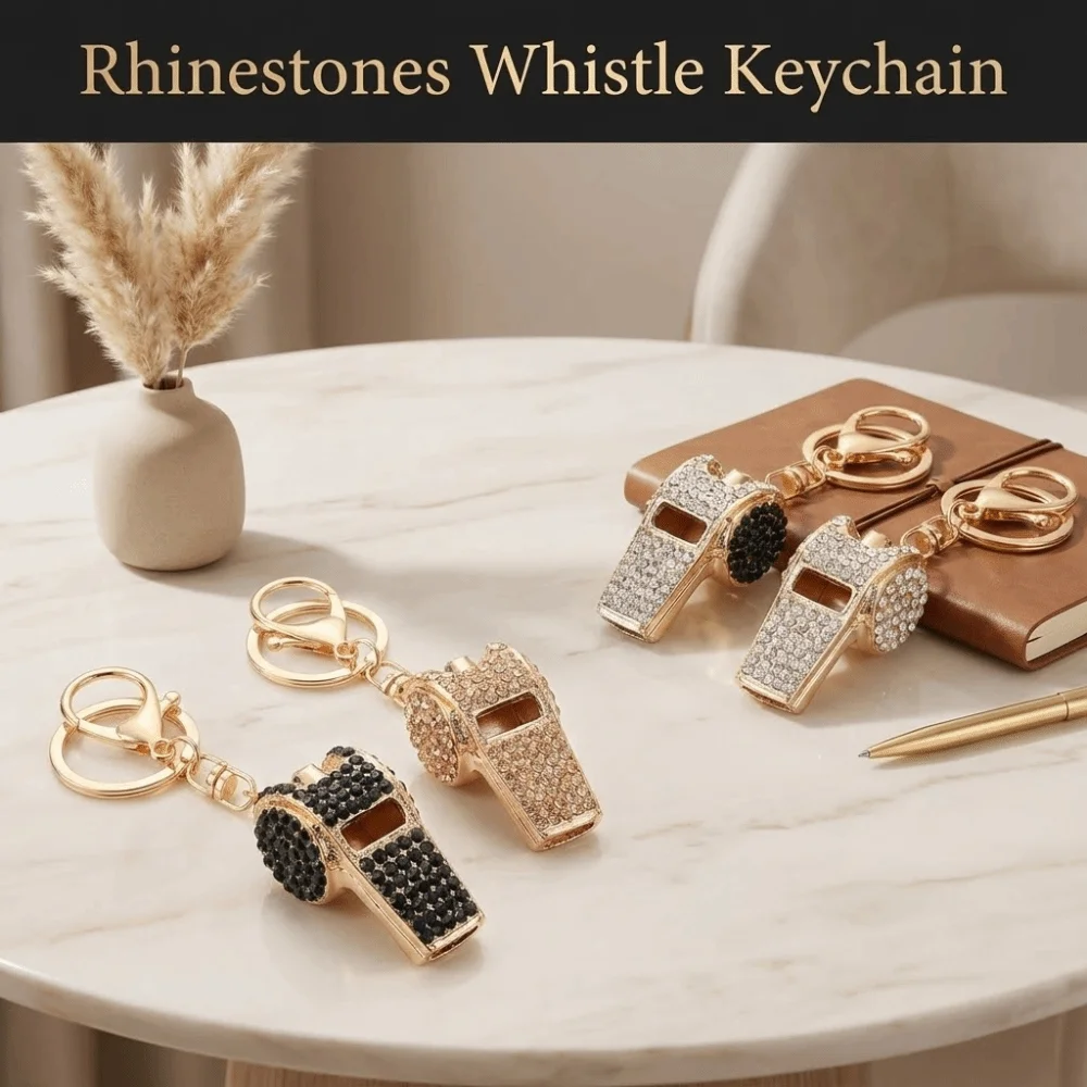 Luxury Rhinestones Whistle Keychain Waterproof Creative Metal Whistle Key Chain Fashion Blingbling Referee Whistle