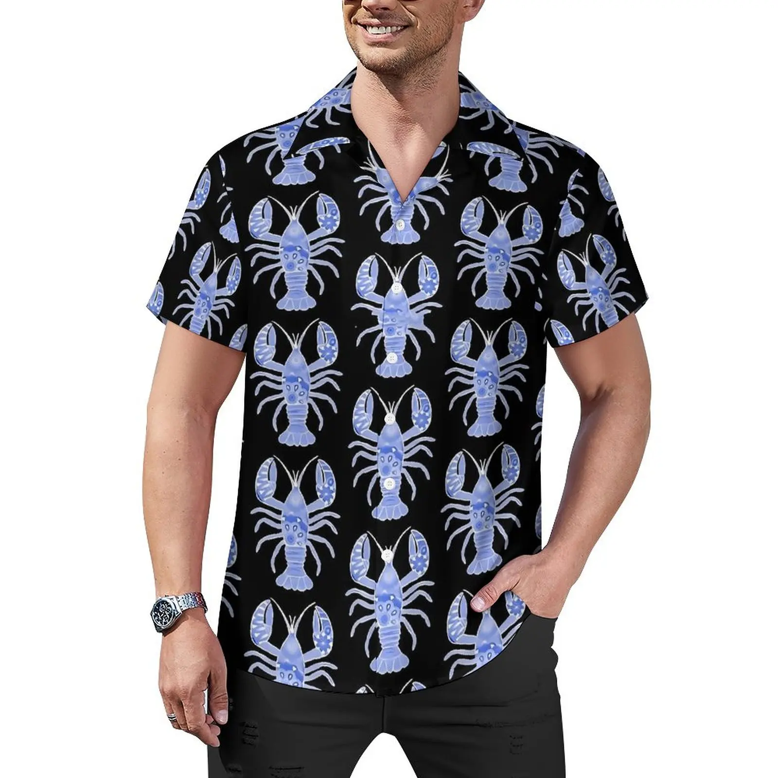 Lobster Print Hawaiian Shirt For Men Beach Blue and White Casual Shirts Short Sleeve Y2K Graphic Elegant Plus Size 4XL Blouses