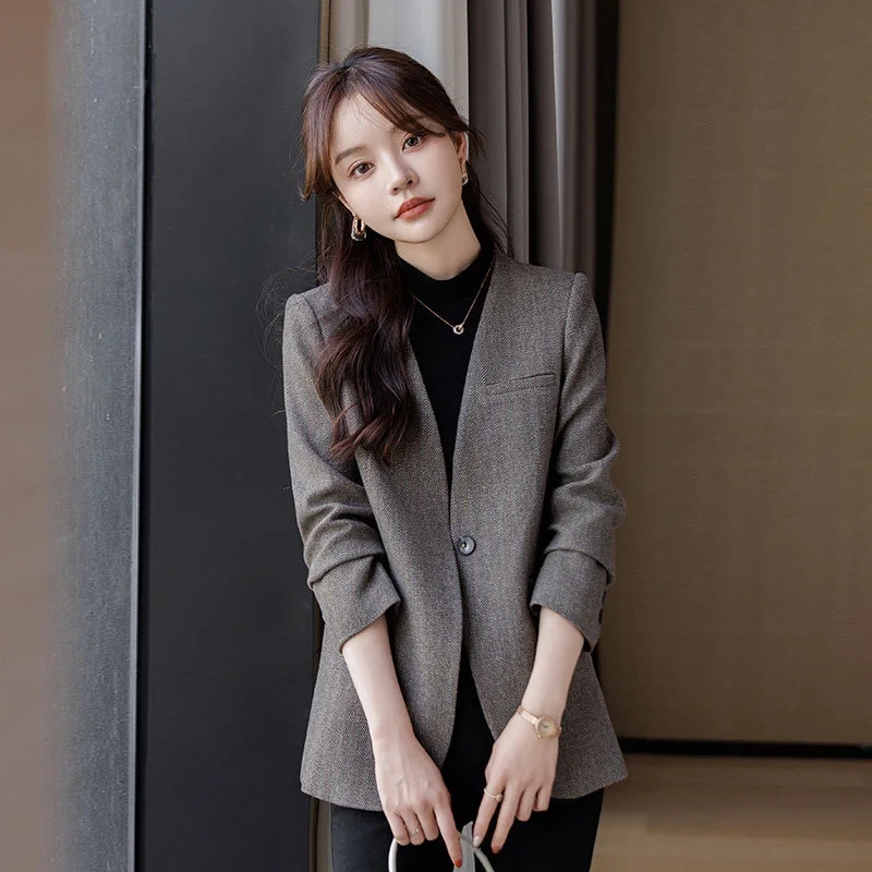 Grey Casual Collarless Blazers Women Spring Autumn Jackets 2024 Single Button Long Sleeved Vintage Blazer Office Lady Outerwear