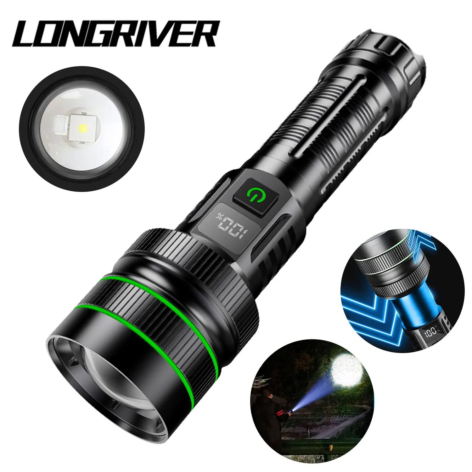 LONGRIVER LS1 LEP Flashlight 1500 Meter Long Range, 10000LM, 26650 5000mah Battery USB Rechargeable Tactical Portable Lantern