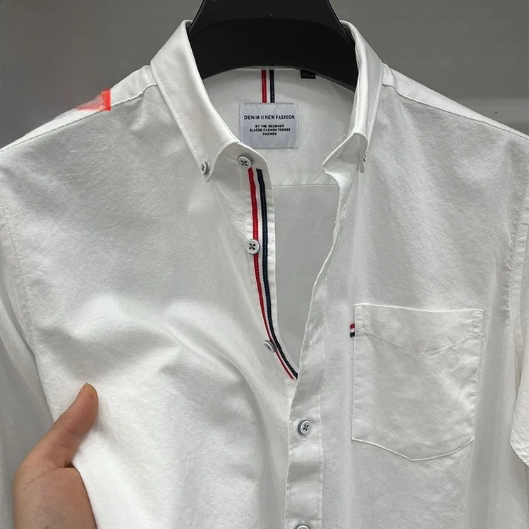 

High-End Original Men's Long Sve Iron-Free irt Pure Cotton White irt with Tee-Color Weave Belt Slim Fit Busin Casual