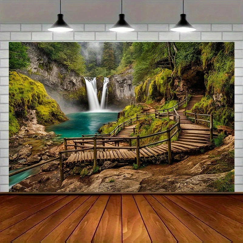 1 pieza, diseño plano 2D con cascada, camino de madera y banderola de montaña con efecto de niebla - perfecto para decoración del hogar, habitaciones y fiestas, wsj