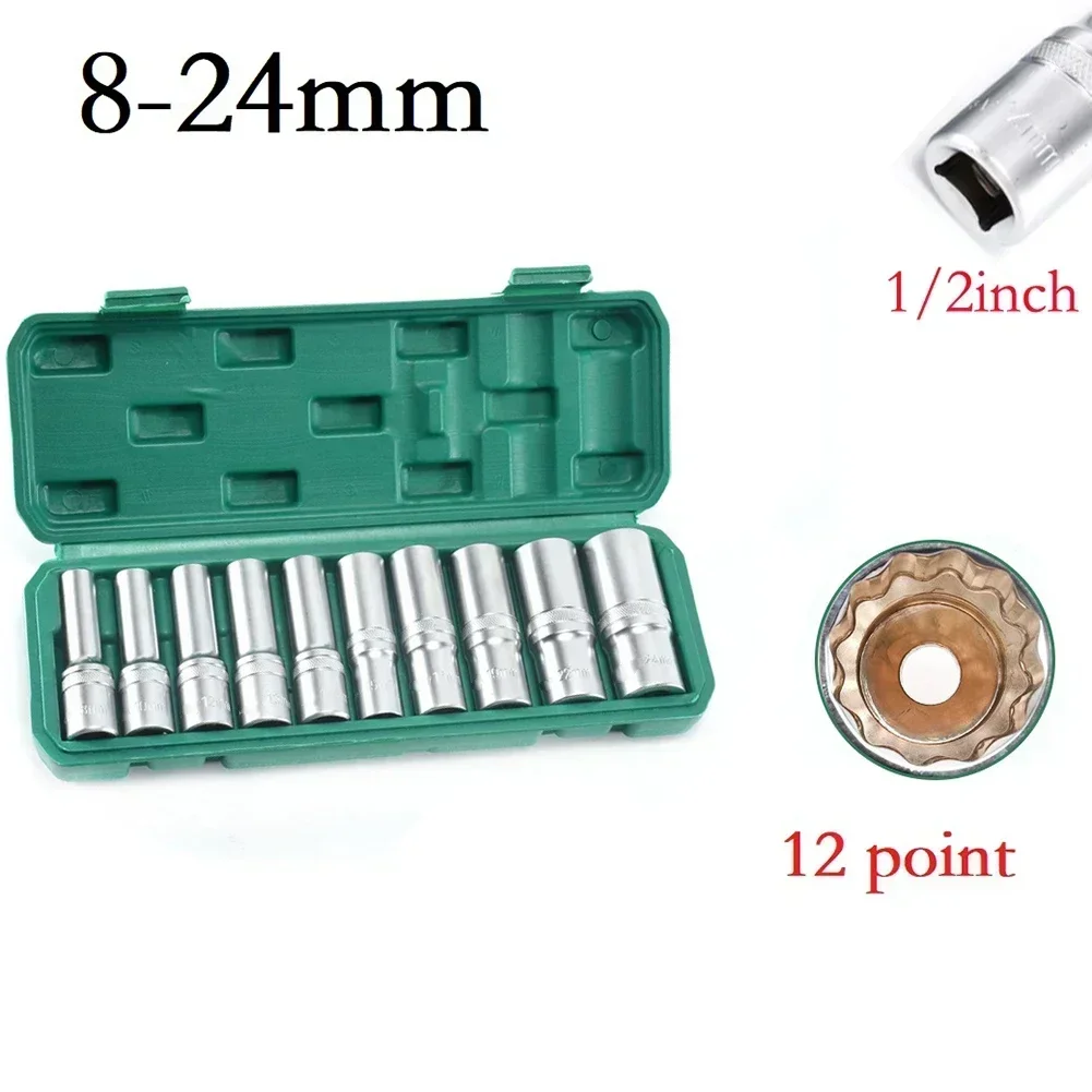 

10PC 12 Points Socket Head 1/2in Square Drive Socket Wrench Head 12 Point Adapter Spanner Converter Torx Extended Ratchet Socket