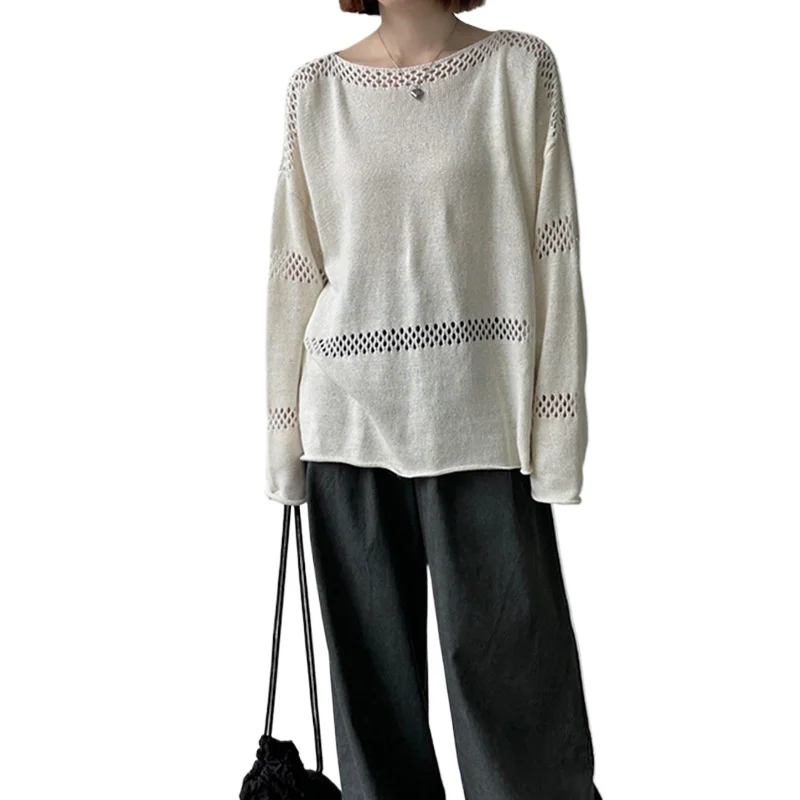 

2024 Linen Knit Skeleton Blouse Loose Pullover Solid Colour Long Sleeve Top Women