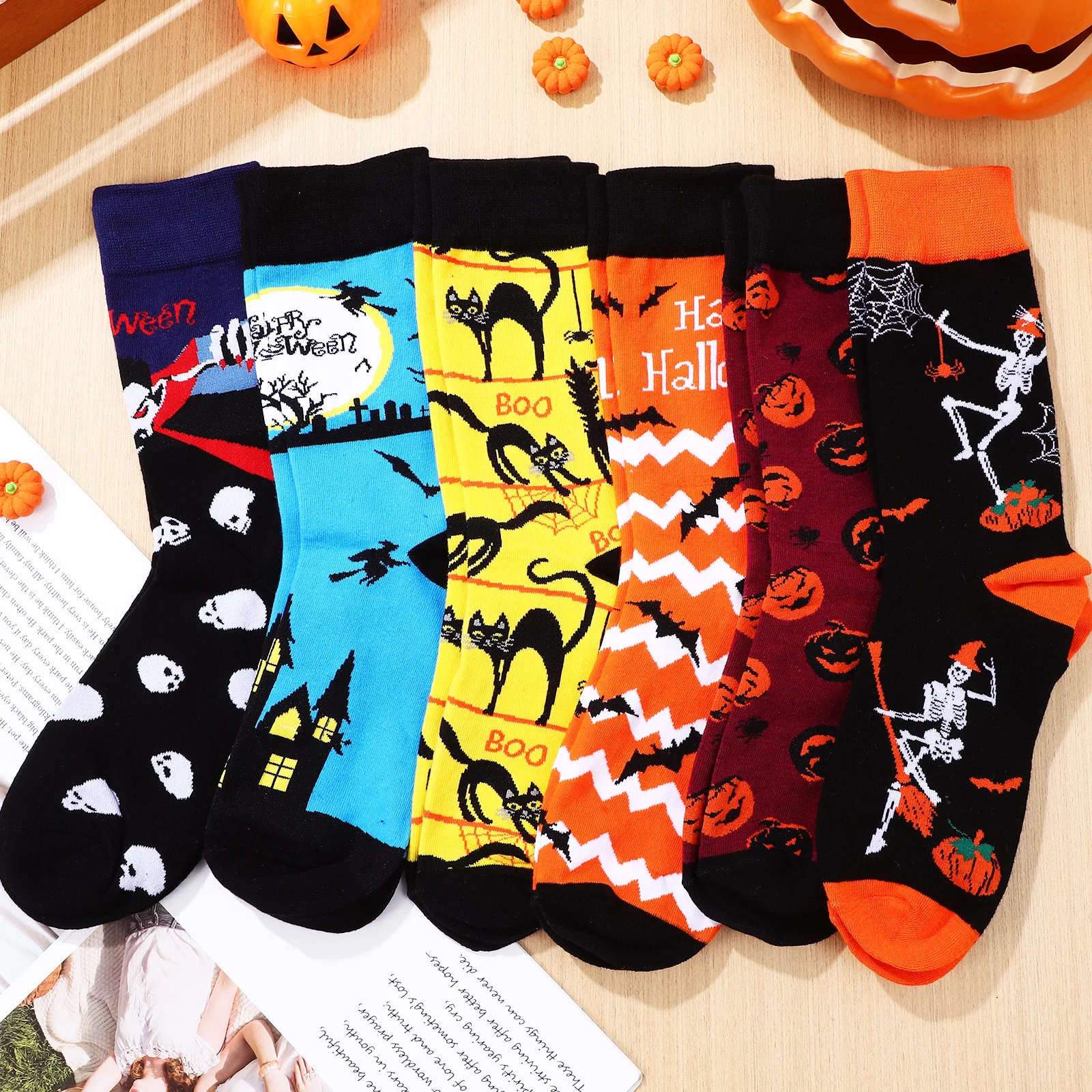 6Pairs Mid-Kalf Halloween Sokken Katoen Ademend Comfortabel Rekbaar Spookachtig Pompoen Patroon Sokken voor Mannen Vrouwen Nieuwigheid Casual