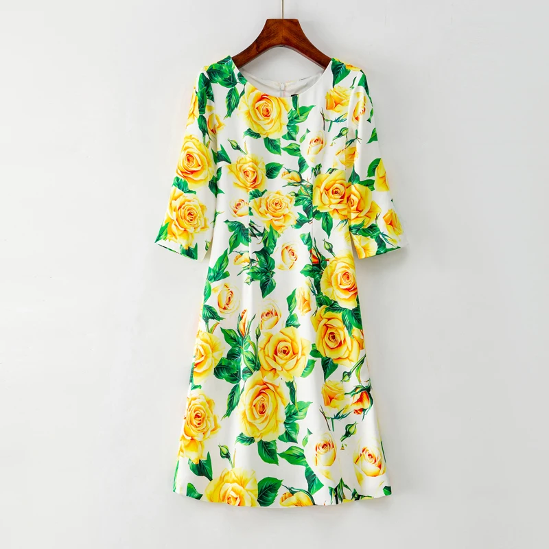 

2023 Flower Print Women Dress Fashion O-Neck Half Sleeve A-Line Dresses