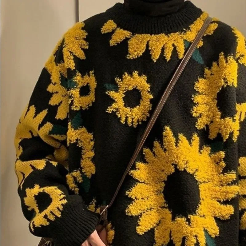 Fashion Brand Autumn Winter Retro Flocking Sunflower Sweater Men Women O-Neck Pullover Oversize Knitted Top Casual Streetwear