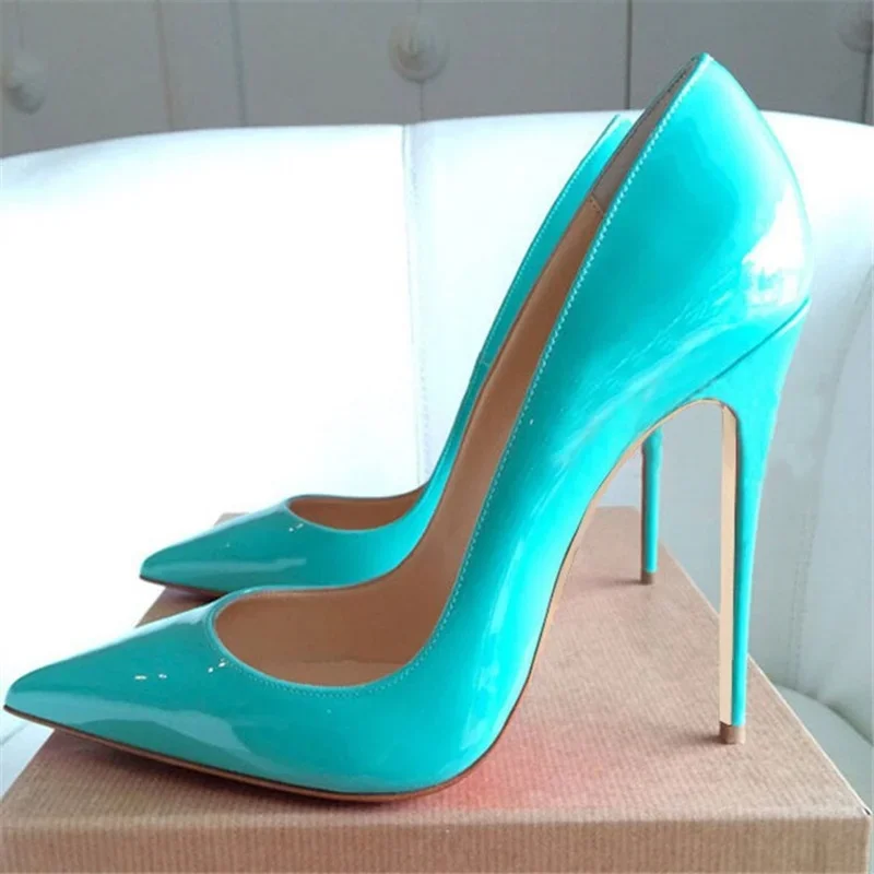 2022 Spring Newest Sky Blue Patent Leather High Heels Girls Pointed Toe Sexy Pumps Big Size 42 Thin Heels Woman Shoe