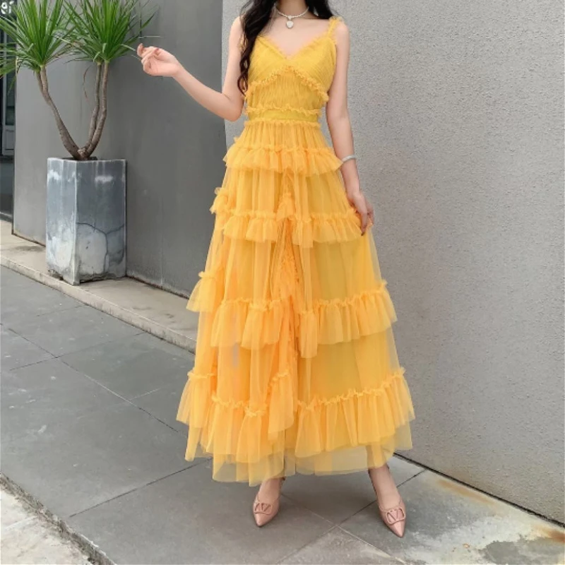 

Long Dress Women Sling Dresses A Line Ruffles Vestidos Streetwear V Neck Sleeveless Elegant Irregular Y2k Maxi Party Night 2025