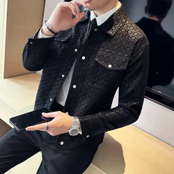 Brand Full Print Pattern Leather Jackets Men Pocket Decoration Lapel PU Motorcycle Jacket Slim Casual Business Coat Men Clothing