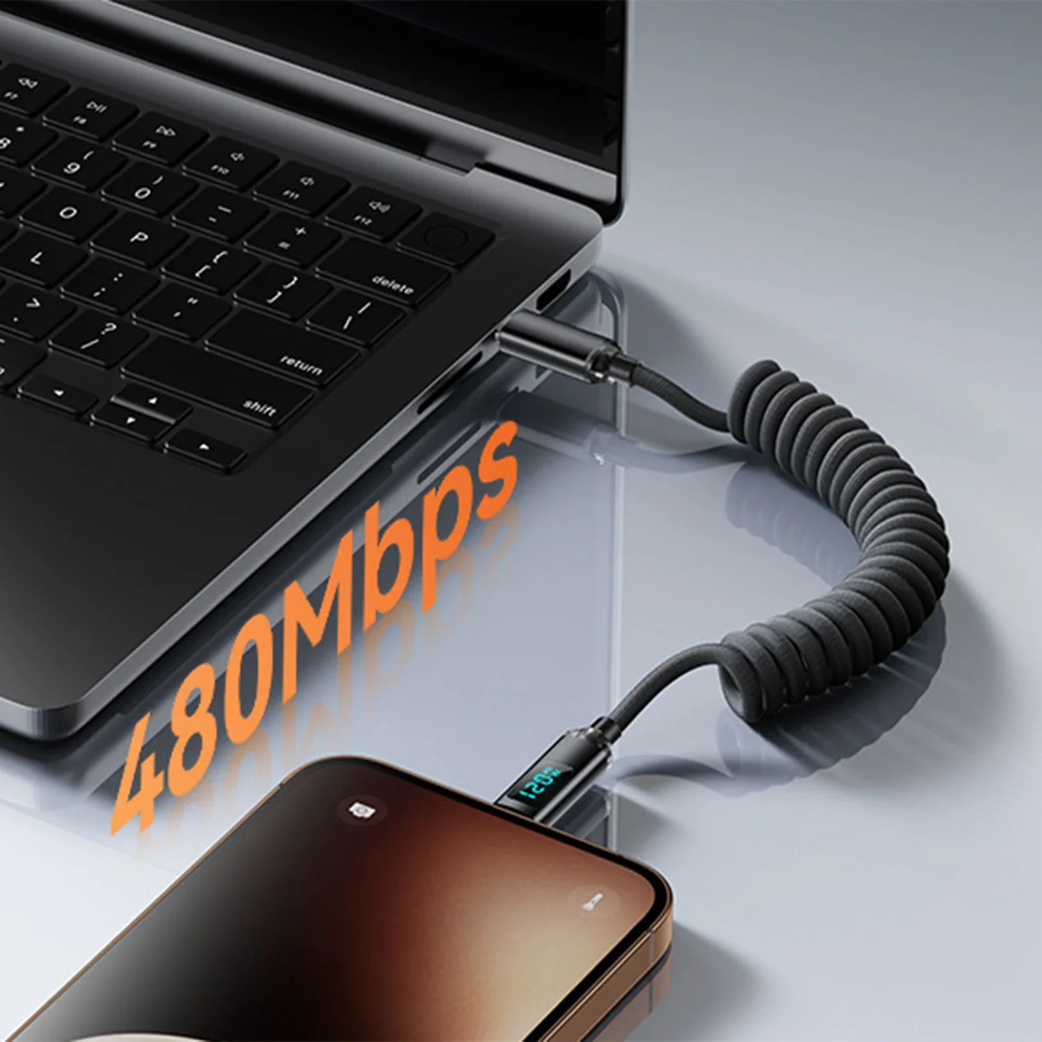 120W USB C Spring Cable Quick Charging Type C Data Cord Digital Display Retractable Charger Wire for IPhone 17 Samsung Universal