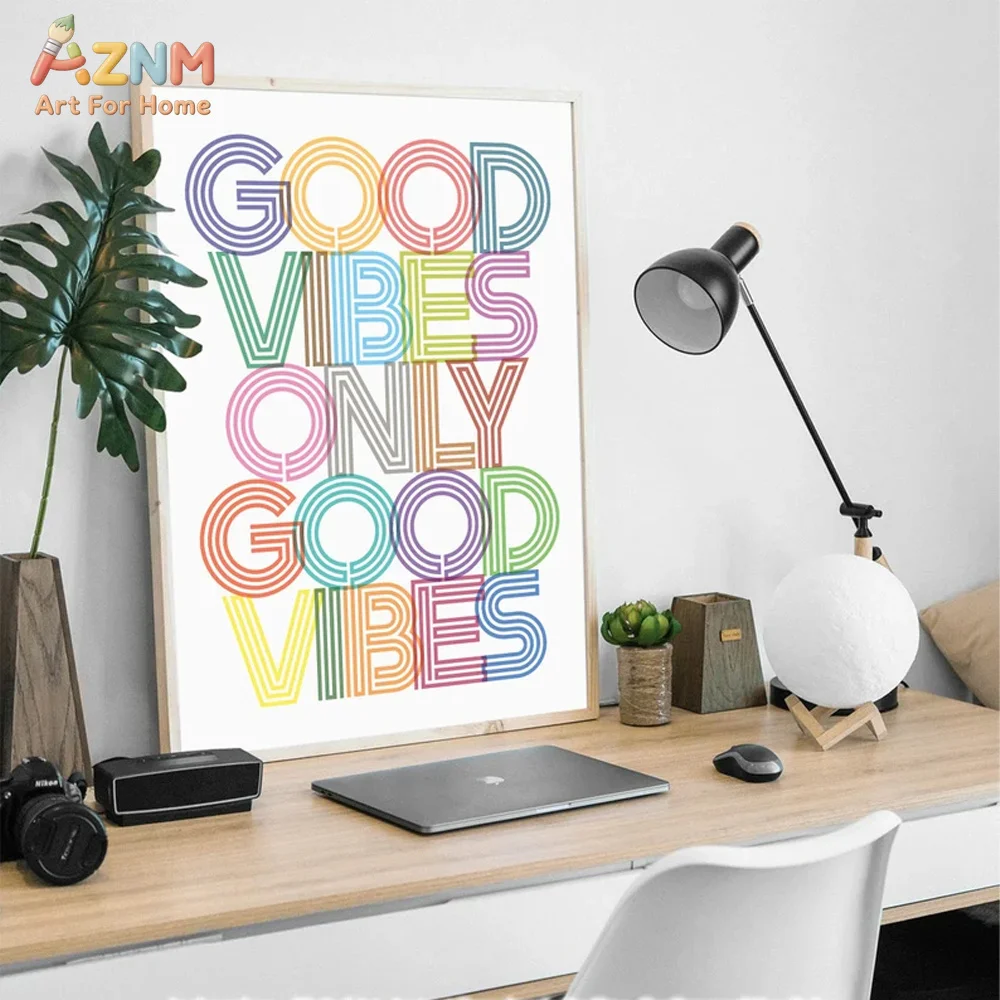 AZNM Good Vibes Only Colorful Retro Line Text Canvas Wall Art Rainbow Typography Print Unframed Canvas Positive Home Decor Poste