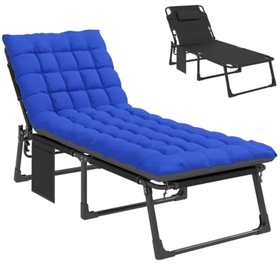 

Outdoor 5-Position Reclining Lounge Chair with Cushion Side Pocket Headrest Folding Tanning Chair for Patio Beach Camping Dark