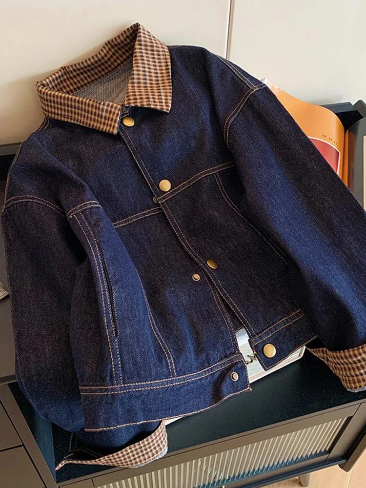 

Women's Petite American Retro Plaid Patchwork Cropped Denim Jacket Vintage Spring Autumn Loose Casual Versatile Jacket Top