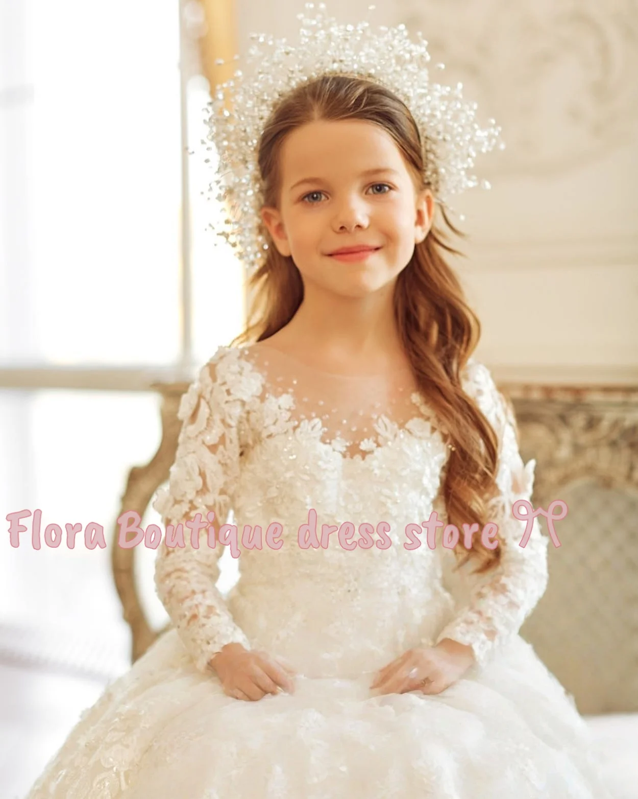 어린이를위한 리본이 달린 꽃의 소녀 드레스 긴 소매 결혼식 파티 공주 드레스 첫 성찬식 공식 쉬폰 볼 가운
