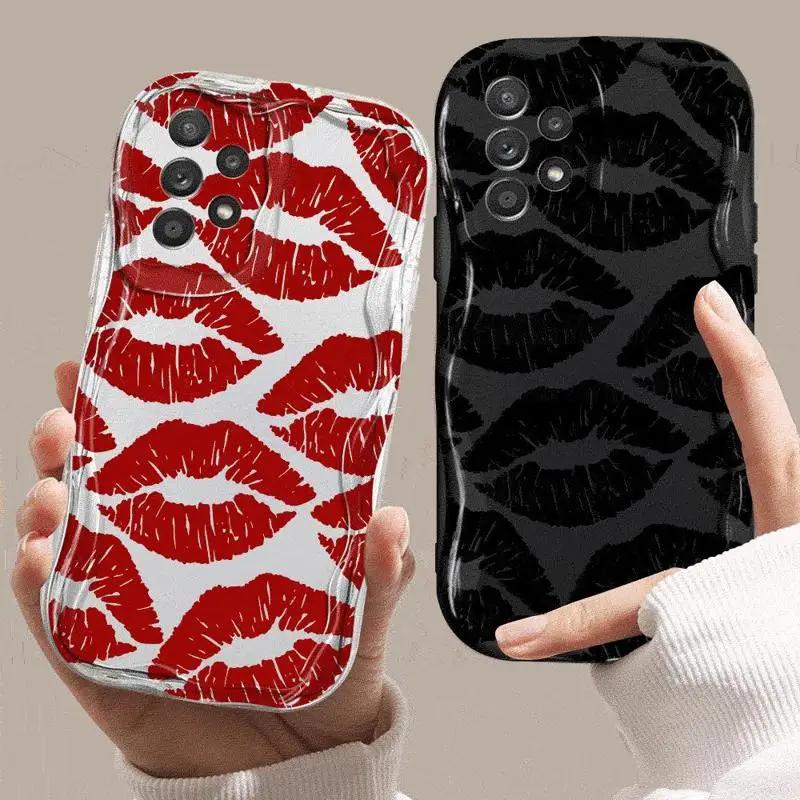 Sexy Girl Red Black Lips Kiss Phone Case for Samsung Galaxy A55 A35 A15 A54 A52 A33 A34 A24 A23 A22 A14 A13 A12 5G Wave Soft