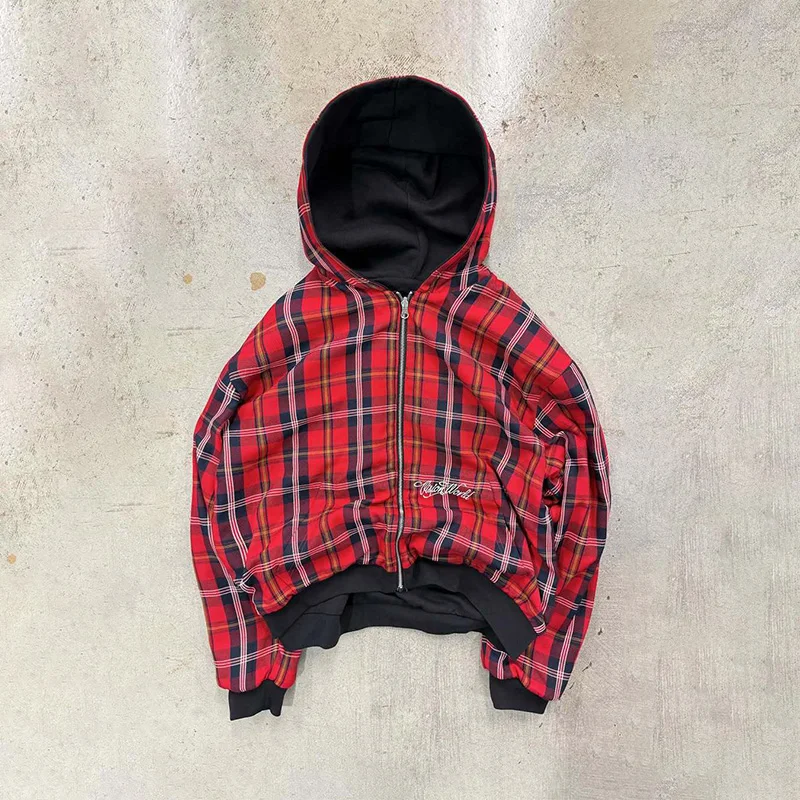 Amerikaanse retro omkeerbare geruite rits hoodie sweatshirt heren dames casual geruite sweatshirt effen kleur voering Y2K Street Style