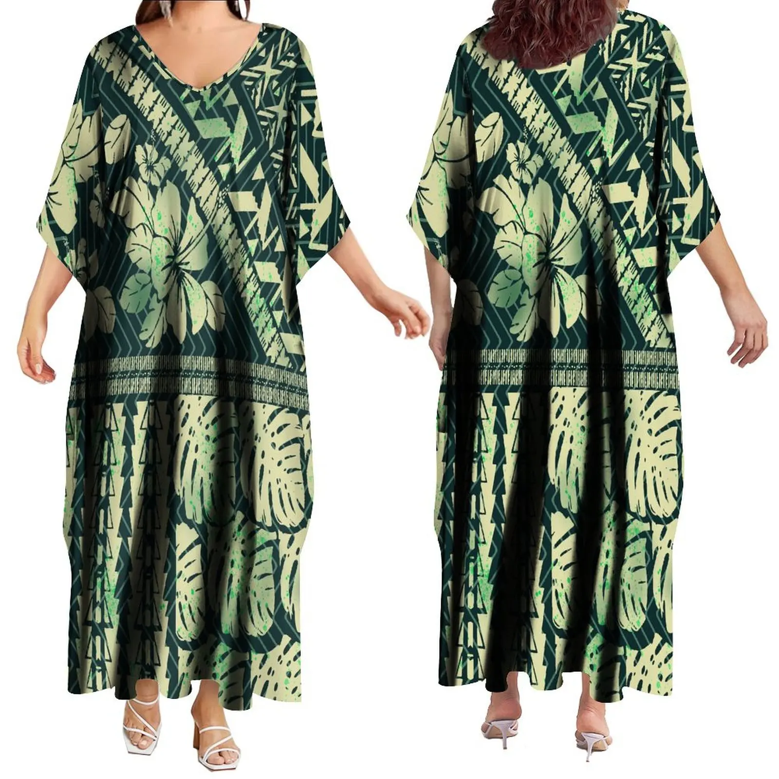 

Summer Bat-Sleeved Plus-Size V-Neck Women'S Polynesian Women'S Dress Tribal Ethnic Print Pacific Islands Comfortable Loose Skirt