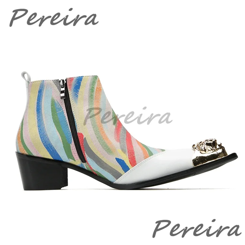 

Metal Pointed Toe Mixed Color Chelsea Boots Genuine Leather Colorful Graffiti High Heels Short Boots Novelty Party Wedding Shoes