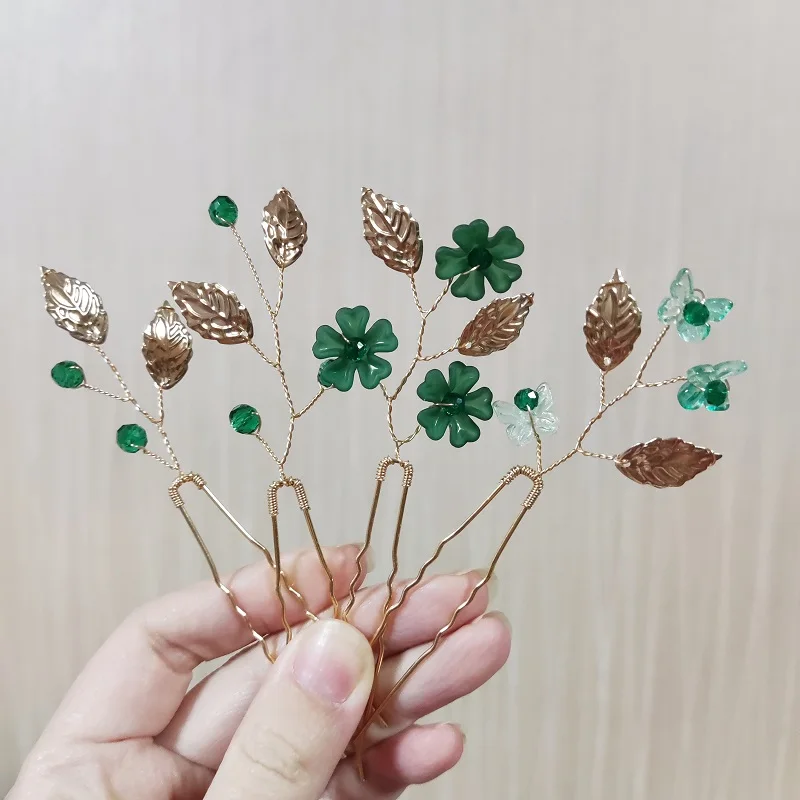 Bridal Green Color Flower Wedding Hair Accessories Hair Pins Forks for Women Pearl Hairpins Princess Headpiece Party Jewelry