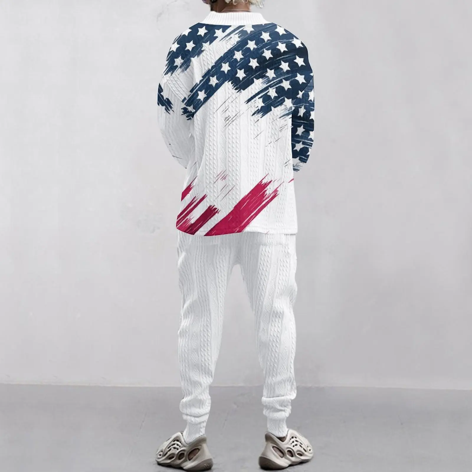 American technology print regular jacquard loose American Flag men's V-neck casual long sleeve pants suit