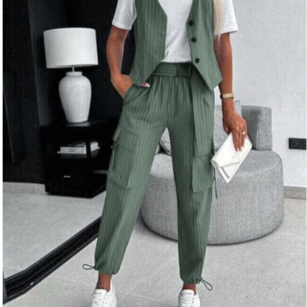 المرأة موضة مخطط مطبوعة سترة بنطلون 2 قطعة مجموعة الربيع الصيف جديد سترة دون أكمام جيب العمل السراويل الإناث مجموعة