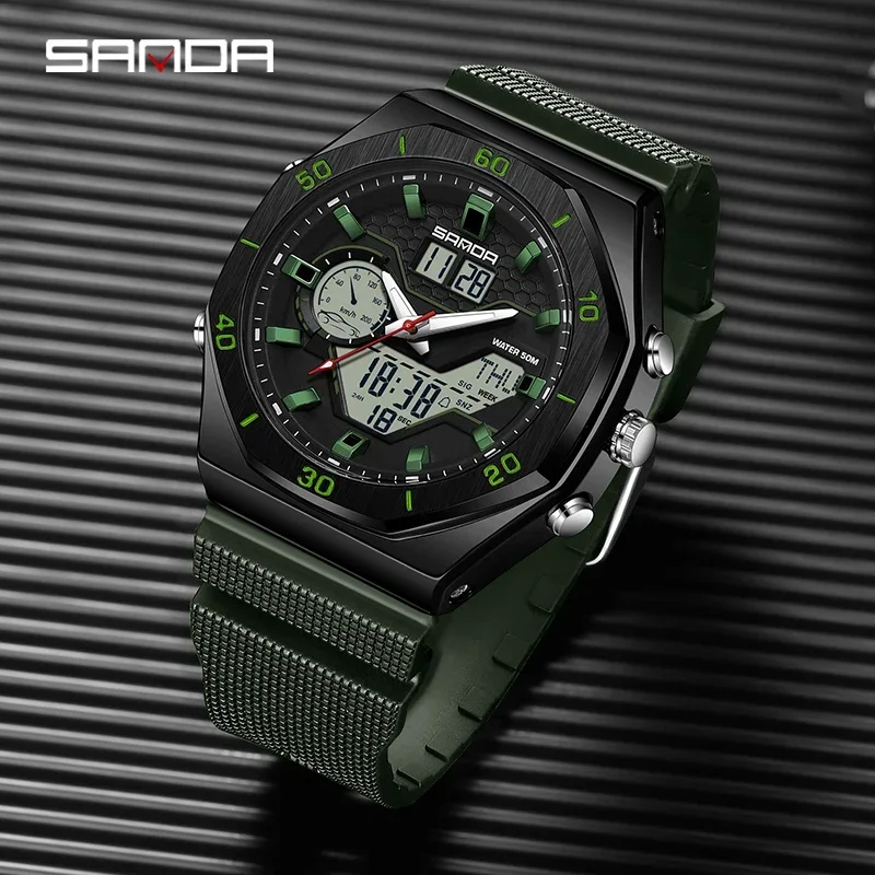 SANDA Orologio militare da uomo multifunzionale LED luminoso Doppio display Orologio elettronico Marchio di lusso 2024 Orologio da uomo di nuova moda 6209