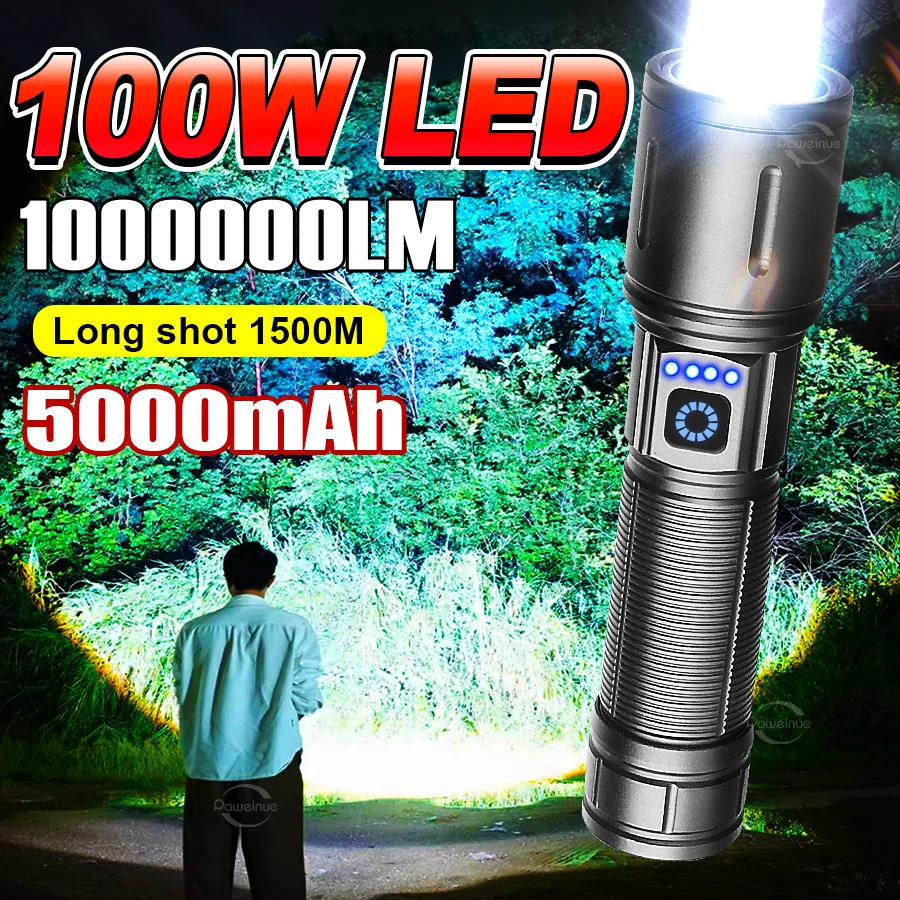 1000000LM Super Bright LED Flashlights High Power White Laser 5000mAh Rechargeable Torch Portable Rechargeable Emergency Lamp