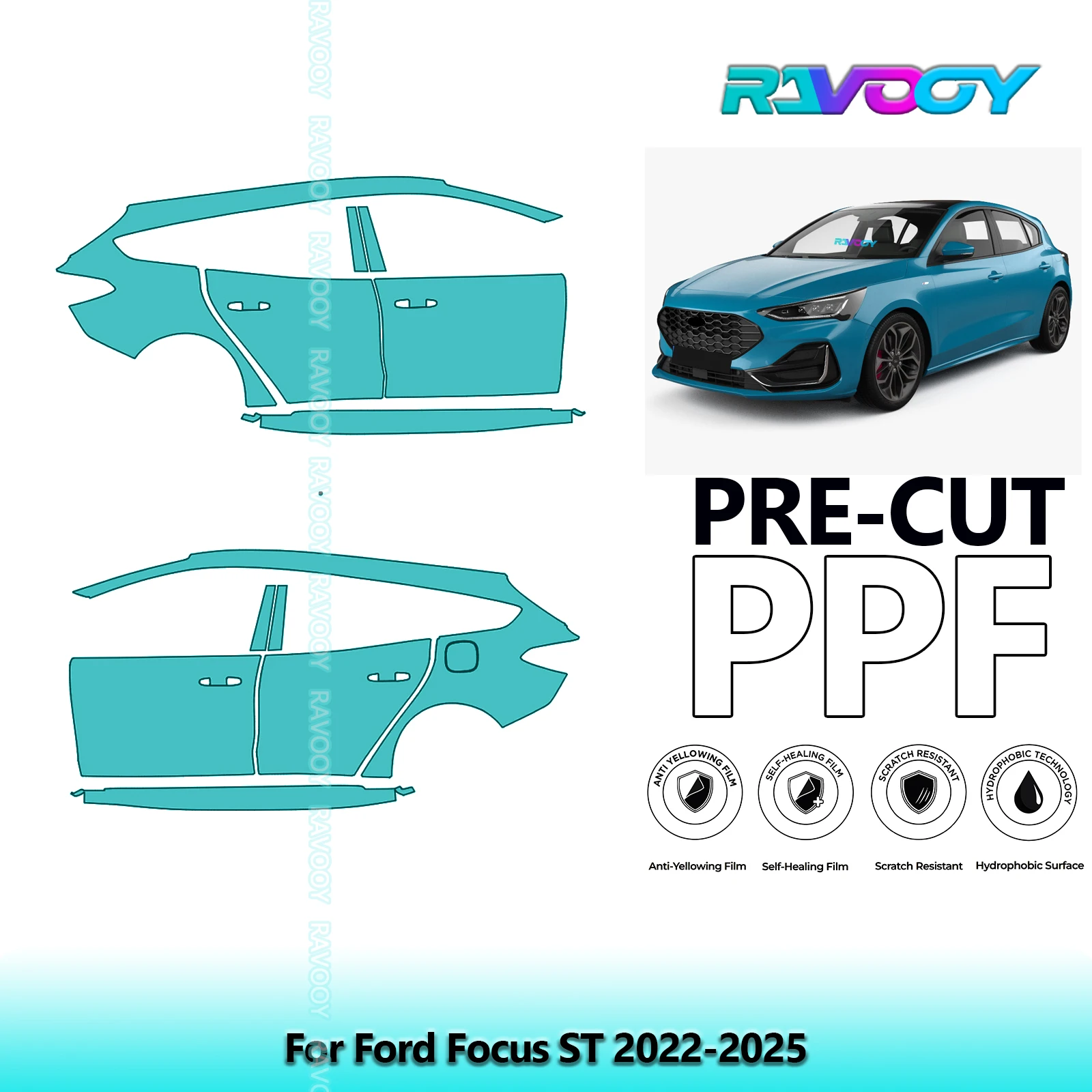 

For Ford Focus ST 2022-2025 8.5mil Clear Matte Pre-Cut PPF Door & A/B Pillar Kit TPU Paint Protection Film Set