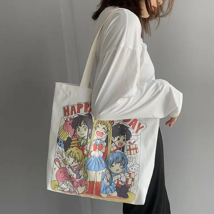 Kawaii Sailor Moon Cartoon Funny Shopping Bag Tote Canvas Large Capacity Shoulder Bag Female Printed Student Schoolbag