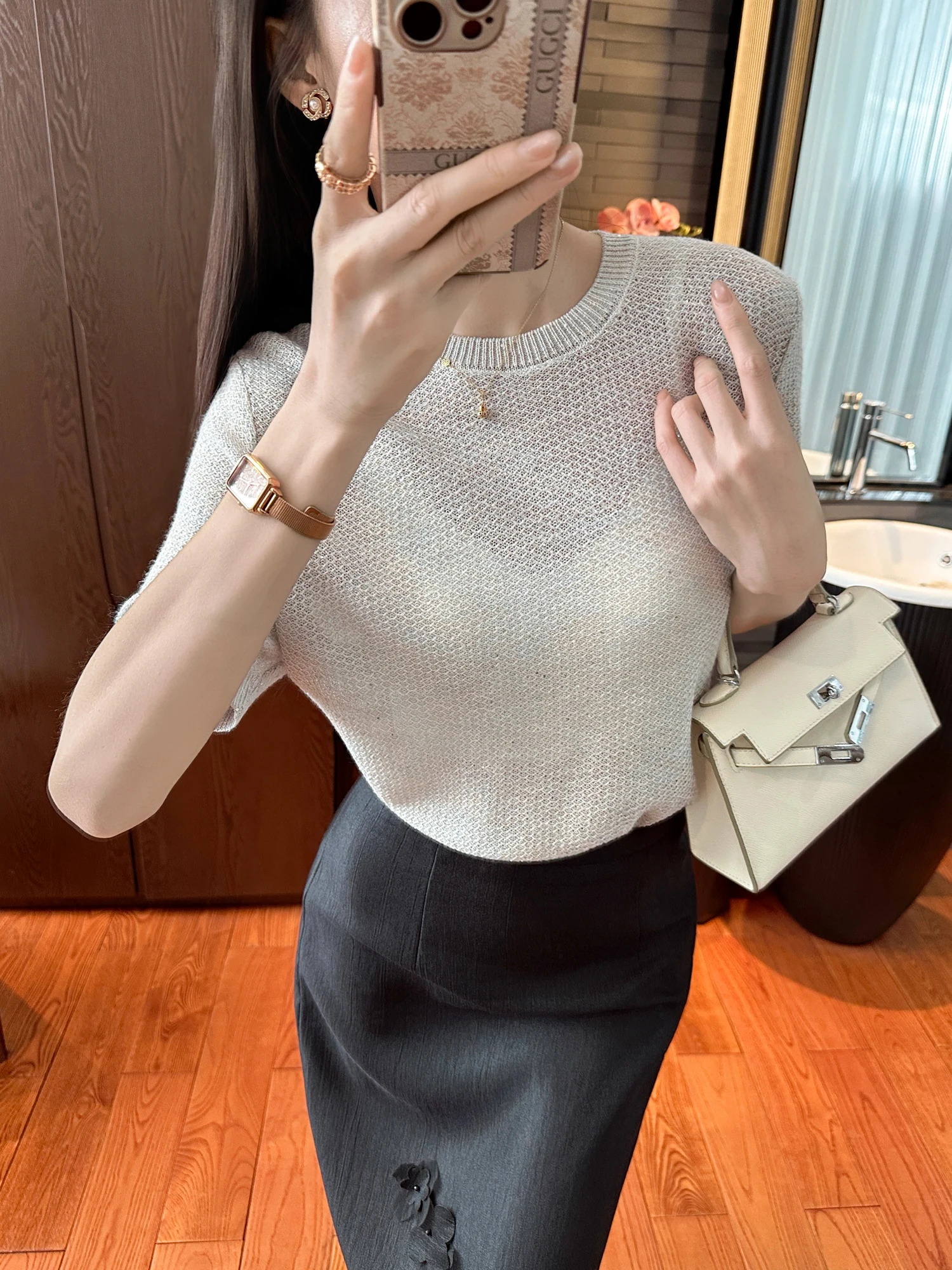 

You See Summer Hollow out Knitted Short Sleeve Shirt Craftsmanship Woven Fashionable Simple Style Women's Regular Fit Knitwear