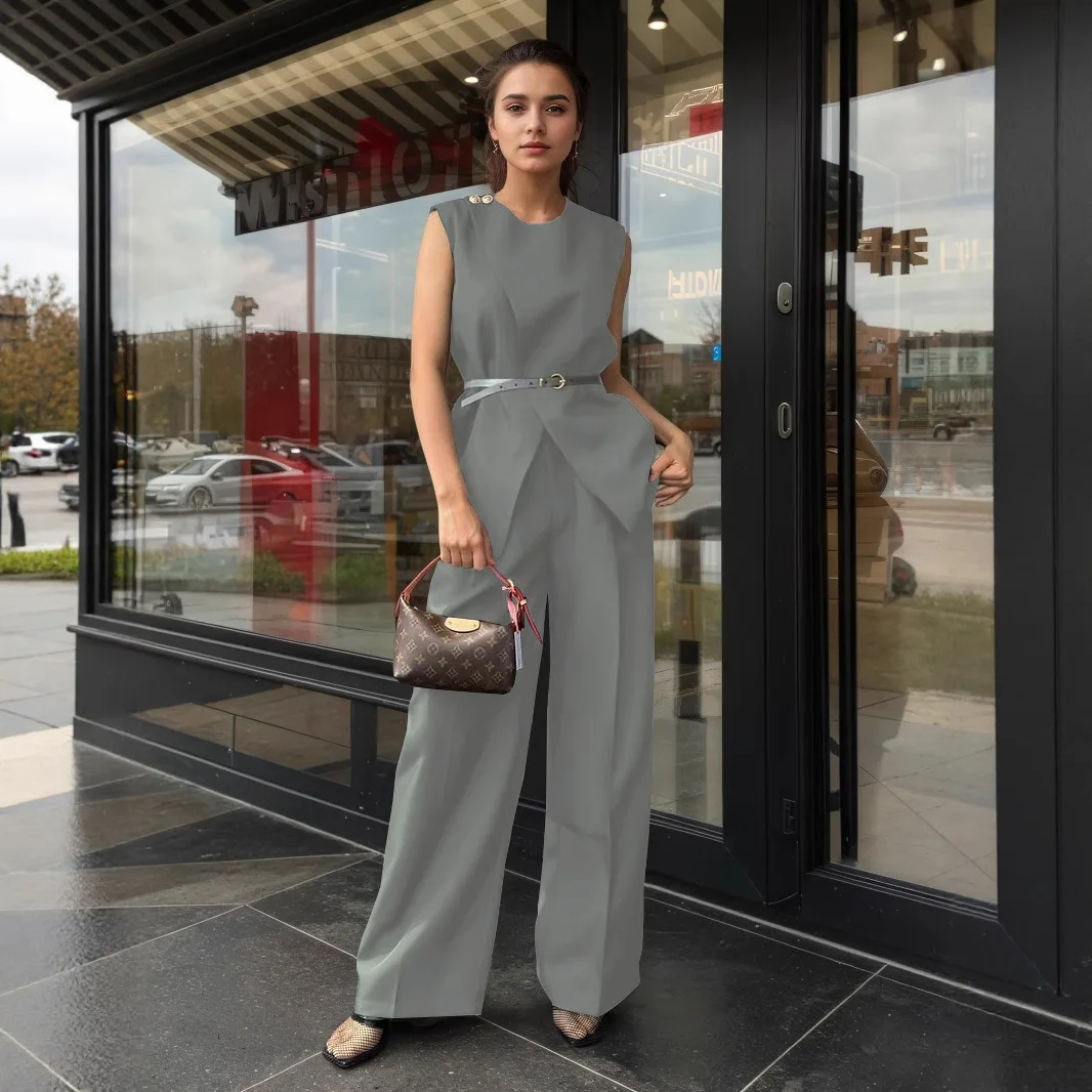 

Women Women Piece Set High Waist Pocket Pant Sets Tops Solid Sleeveless Spliced Elegant Round Neck Top Suits Office Lady