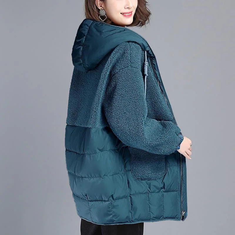 Women Padded Jackets Autumn Winter Hooded Outerwear Loos Down Cotton Jacket Mid-Length Lamb Wool Thick Coat Female