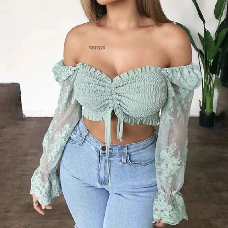 

Autumn Floral Print Casual Basic Tshirt Women 2021 Sexy Lace Off Shoulder T-Shirts Ruffle Pleated Short Women Embroidery Tops