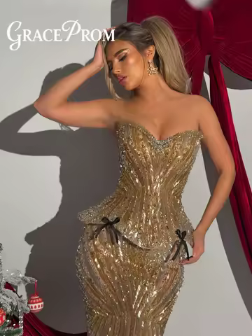 Luxury Crystal Evening Dress 2026 Exquisite Carpet Gown Formal Strapless Beaded Floor Length Party Gown فساتين سهرة