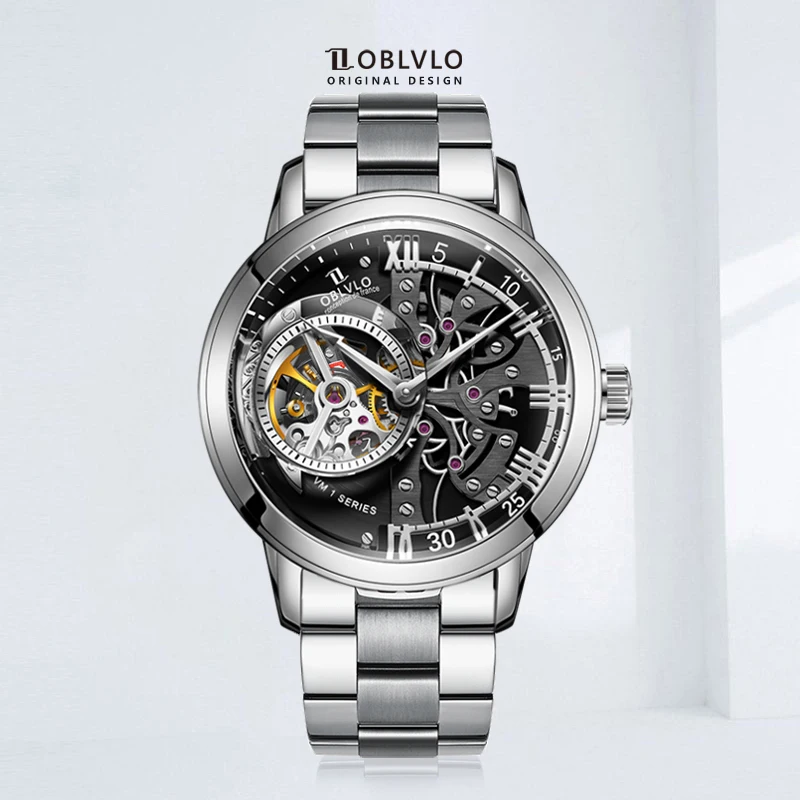 OBLVLO New Design Skeleton Watches Steel Automatic Watches With Sapphire Crystal Relogio Masculino VM