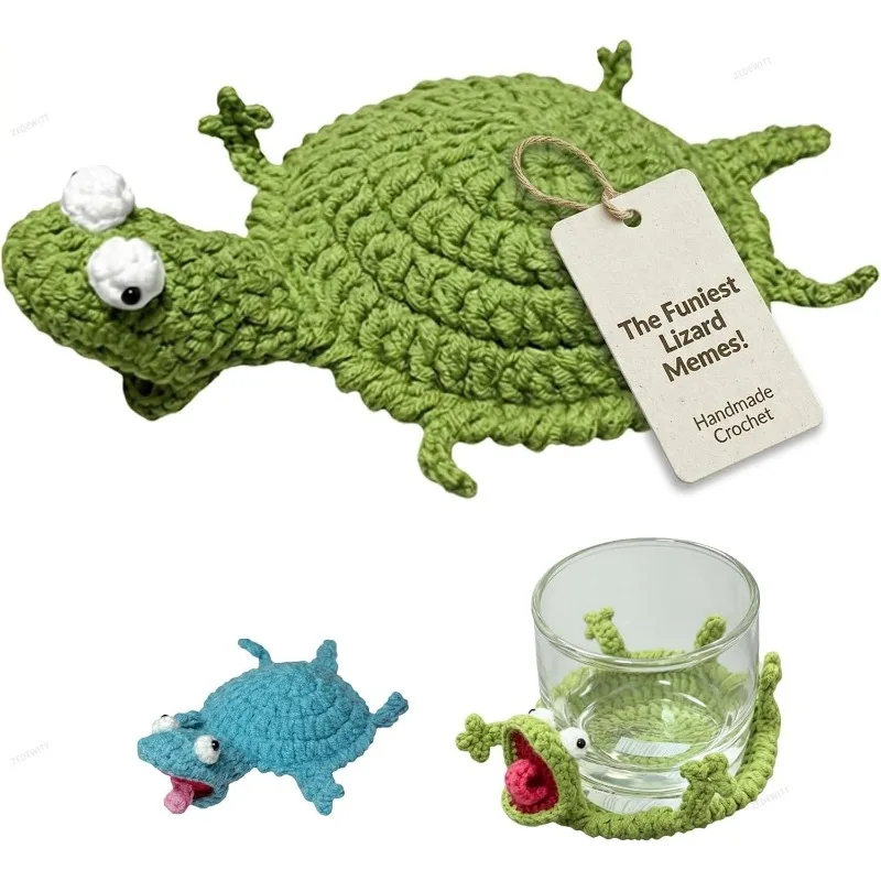 Cute 3D Crochet Lizard Coaster Handmade Amigurumi Animal Cup Mat Fun DIY Knitted Drink Coaster for Household Tabletop Ornament