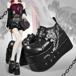 Japanese Vintage Style Victoria Lolita Punk Girl Shoes Thick Bottom Round Head Metal Chain Skeletons Cross Bandages 10cm Shoes