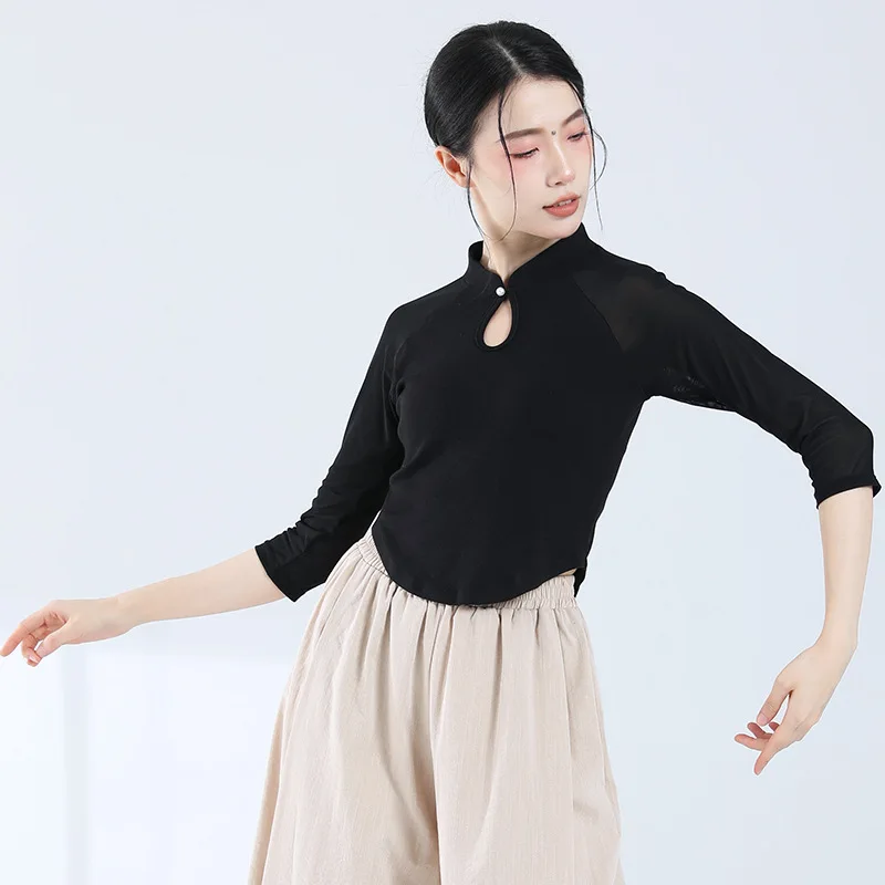 Classical dance attire, temperament, slim fit, patchwork yarn sleeve top, Chinese style modern dance, ethnic dance clothing, tra