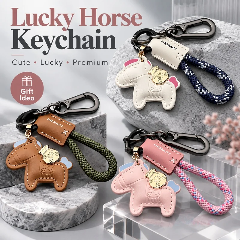 Lucky Horse Leather Keychain with Braided Wrist Strap Metal Clasp Cute Pony Bag Charm Car Key Ring Pendant Creative Gift for Wom