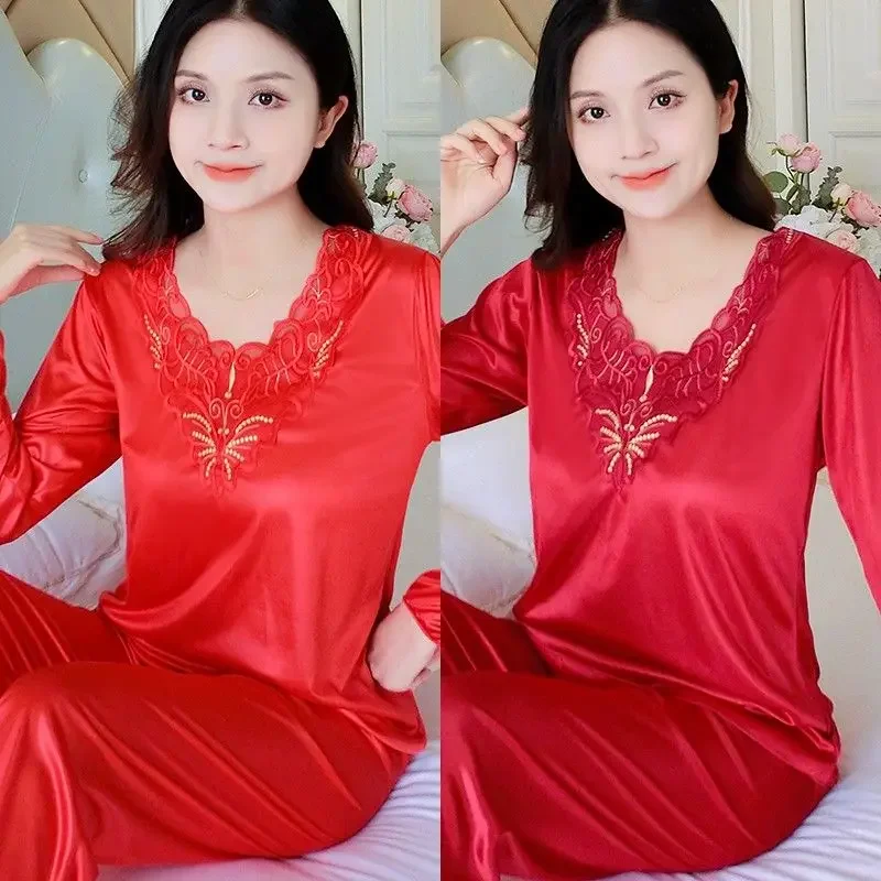 Large size pajamas for women spring and autumn styles ice silk thin style sexy long sleeved home clothing set, summer