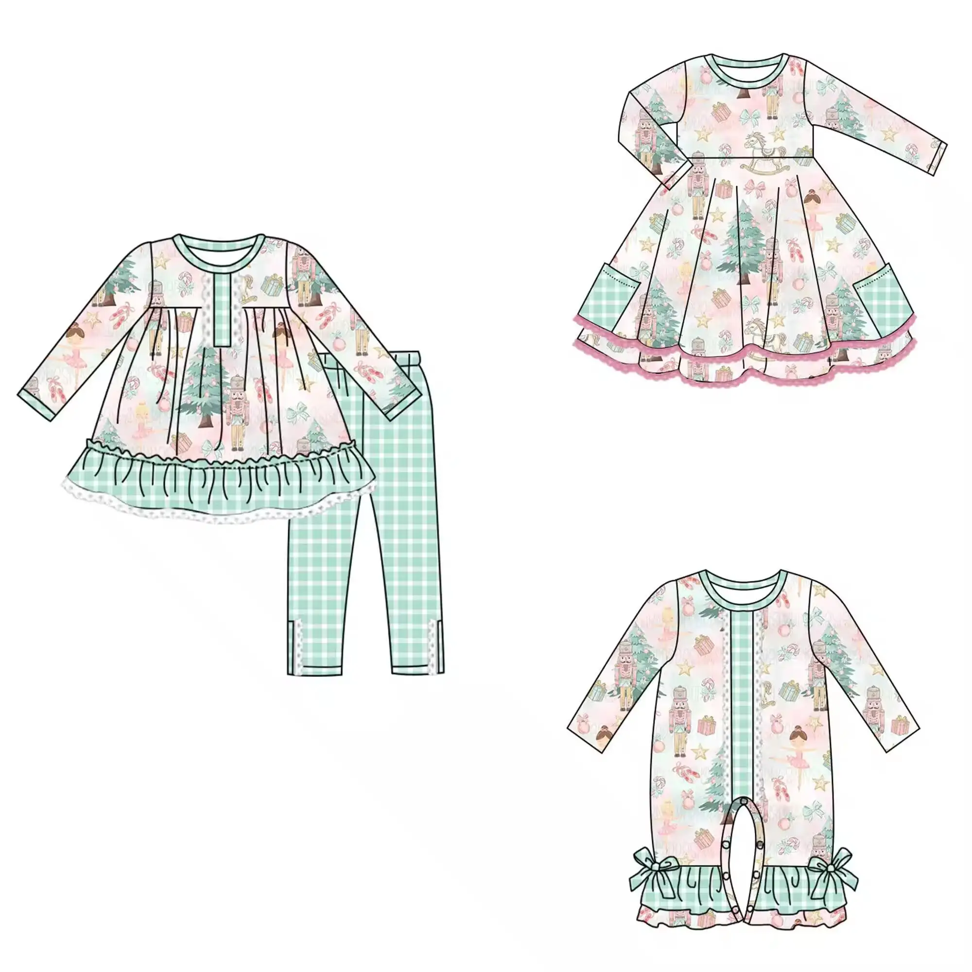 Christmas boutique children set long-sleeved button tree ballet gift box print pants plaid button lace girl set baby romper dres