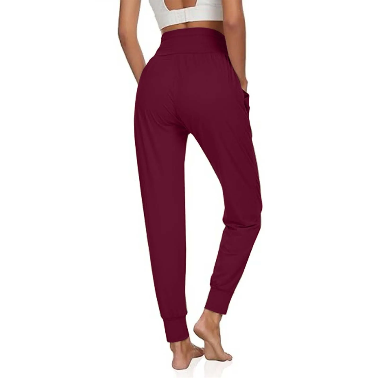 Calça de ioga monocromática com bolsos para mulheres, moletom atlético, calça casual feminina, ajuste solto, conforto, corrida e fitness