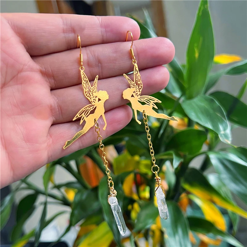 

New Cute Crystal Earrings, Fairy Crystal Ear Hooks with Wings, Natural Quartz Crystal Earrings,Fringe Long Chain Crystal Jewelry