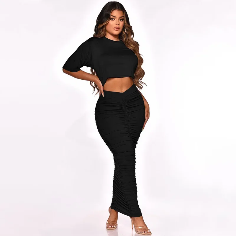 Solid Rib Knitt Two Piece Dress Sets Women O-Neck Short Sleeve Crop Top High Waist Stretch Bodycon Maxi Skirts Club Party Suits