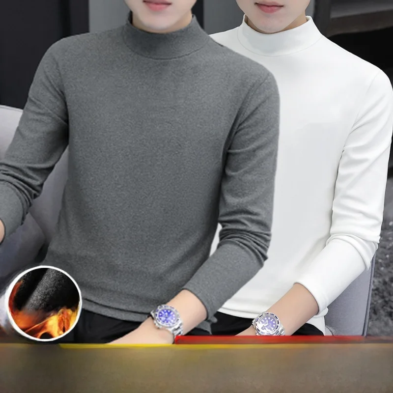 الرجال Thiened طويل Sve قاعدة irt لون نقي الخريف الشتاء f عالية طوق الوجهين المخملية سليم صالح ملابس داخلية تي شيرت