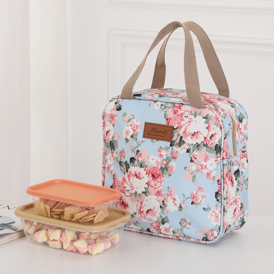 Cute floral cartoon-print square insulated tote bag with aluminum foil lining, perfect for women, the office, school, and picnic